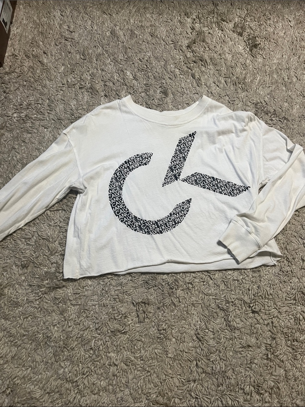 Calvin Klein White Long-Sleeve Crop Tee with Black CK Graphic